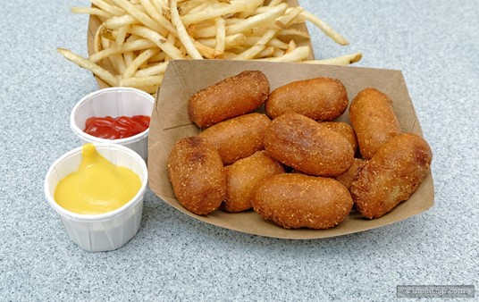 The Corn Dog Nuggets Meal at Casey's Corner is served with thin cut French Fries (shown here) or Apple Slices. Two small self-serve condiment bars are located on either side of the registers and feature some of the basics (ketchup, mustard, sauerkraut, etc.) in small cups.