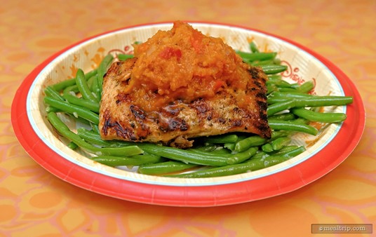 Oak-grilled Salmon with Green Beans. The "oak grilled" entrees are located at the cooking station that's far right, closest to the Soarin' attraction.