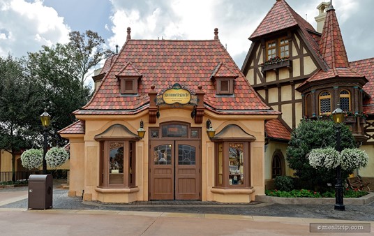 The cute Karamell Kuche building is located on the left side of the Germany Pavilion (with the WorldShowcase Lagoon to your back). The doors pictured here though, are seldom used. The main entrance is located in the building pictured on the right.