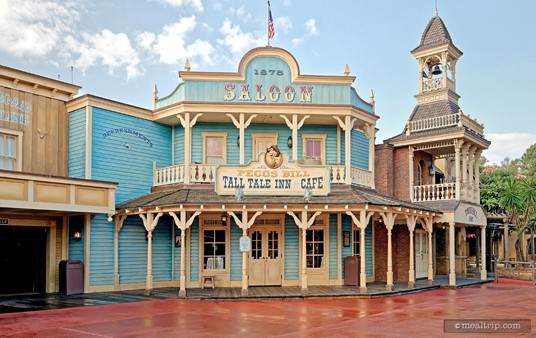 There are two distinct exterior looks for Pecos Bill's. On the Liberty Square street side, (pictured here) there is a softer, idyllic Old West storefront look.