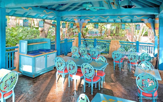 Each of the covered dining areas at Flame Tree, contain a small napkin, utensil, and condiment counter.