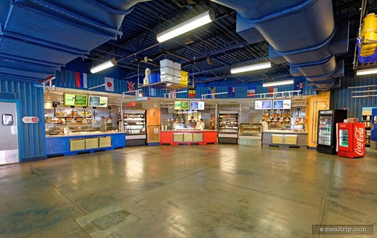The main food court area at Expedition Cafe is split up into different "regions".