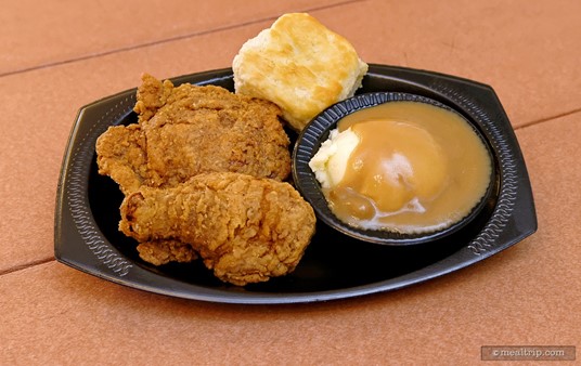 "South of the Equator" Fried Chicken with Mashed Potatoes and Gravy and a Biscuit.