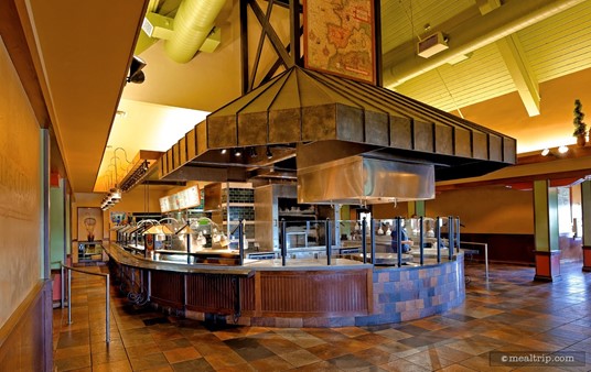 The main food preparation and pickup area at Seafire Inn has two sides, 
with a main, on-stage grilling area in the center. Both sides offer the 
same food selection.