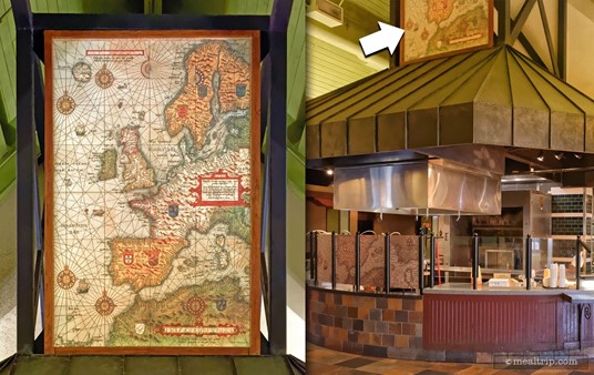 Ooooo... a giant seafaring explorer's map! This large map is located very high up, on top of the giant range hood that's hanging over the food service prep and pick-up area.