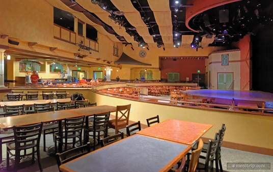 The interior dining area at Seafire Grill was originally set up like a dinner show. When there is no "show", the tables and chairs section of the restaurant is open to walk-up seating. You're really not supposed to go on the stage.