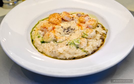 From the Ocean section of the menu, the Wild Mushroom Scallop Risotto includes lavender dusted sea scallops served with a wild mushroom risotto, topped with shaved Asiago cheese.
