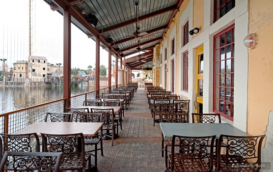The Spice Mill's outdoor seating area, looking north west at SeaWorld Orlando's SkyTower.