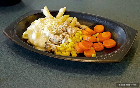 Chicken and mushroom hash with penne and alfredo corn and carrots.
