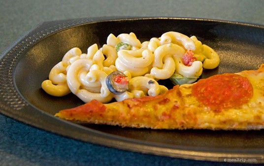 Pizza and macaroni salad from SeaWorld Orlando's Terrace Garden Buffet.