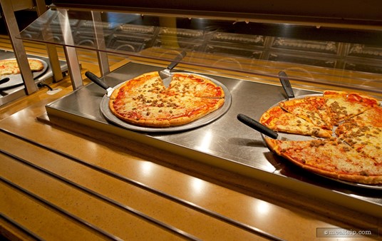 There's four hot pizza's ready to go on the buffet line at SeaWorld Orlando's Terrace Garden.