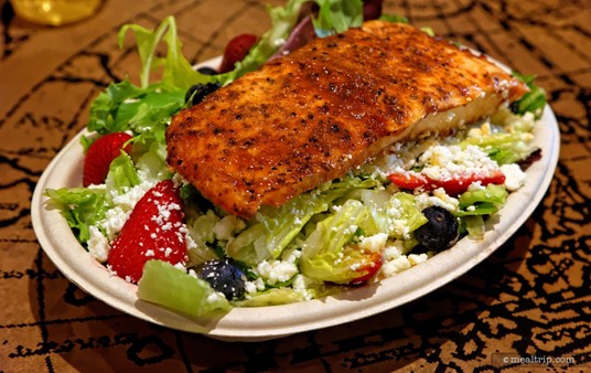 The blueberries and strawberries are a really nice flavor and texture contrast against the bbq salmon and feta cheese.