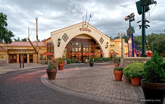 Here's a look at the main exterior of Voyager's BBQ at dusk.