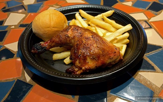 Voyager's Smoked Chicken Platter with fries and a dinner roll.