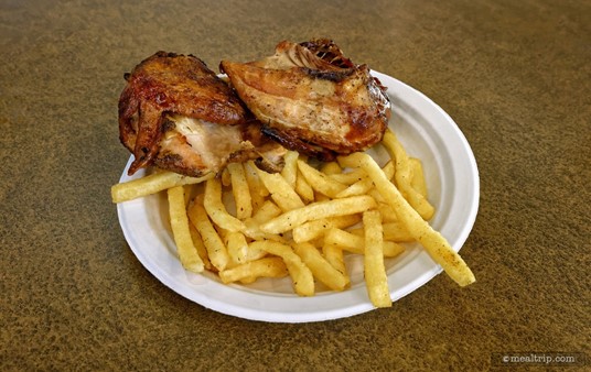The Barbecue Chicken Platter at  Voyager's Smokehouse is served with Fries. The "meal" plates at  Voyager's no longer include a dinner roll. (Photo 2023)