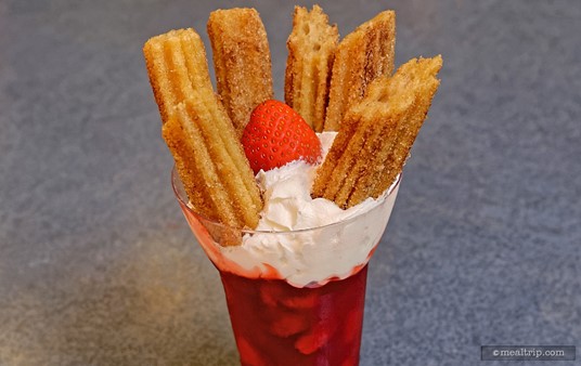 A close up of a Strawberry Churro Dipper from SeaWorld Orland's "Hot Dog and Snacks" window, just outside of Voyager's. (Photo and caption from Spring 2017.)