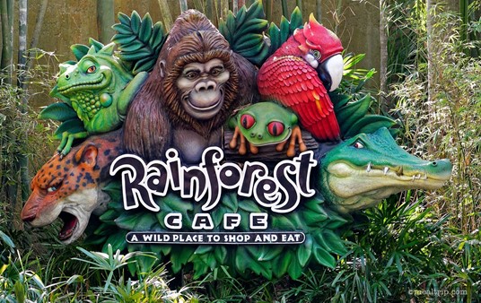 Inside Animal Kingdom, there is a sign and side walkway into the Rainforest Cafe.