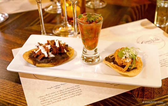 The Wind Down event at La Cava also included three food items to pair 
the Tequila with, a tall La Cava style shot of shrimp, and a chicken and
 pork tostada.