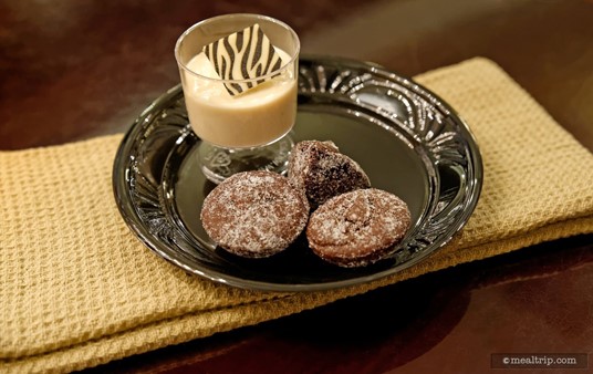 Plated Chocolate Coffee Bites with Chai Cream from Animal Kingdom's Harambe Nights event.