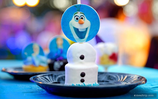 One of the Frozen Premium Package's dessert items is this cute Olaf Spice Cheesecake Snowman on a Stick!