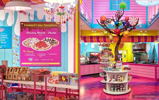 A split view of one of the menu boards in the Sweet Sailin' Candy store and the interior candy tree.