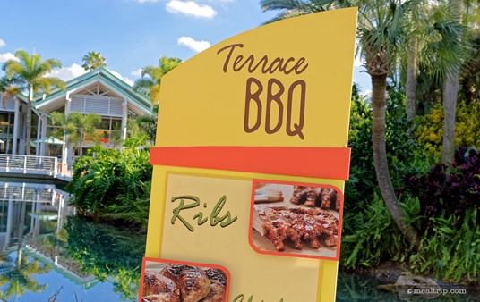 The Terrace BBQ sign at the beginning of the walkway that leads to the main building.