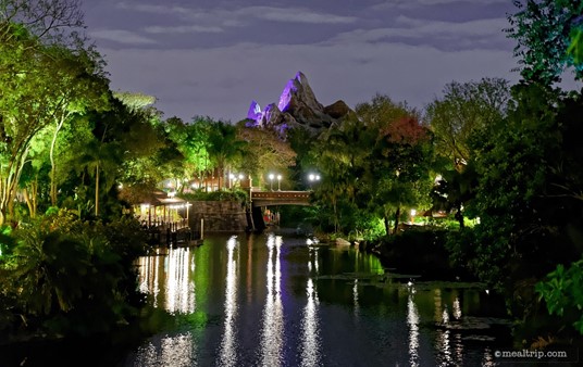 Here's a photo of Expedition Everest in a nearly empty park after a late dining reservation at Tusker House. This was taken on a bridge leading from Tusker House to the park's exit area.