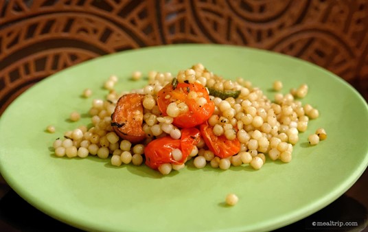 This is Tusker House's Roasted Vegetable Couscous. The Israeli-style "Pearl" Couscous is larger than the Moroccan-style semolina pasta of the same name.