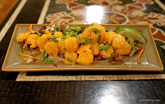 This is one of the "Small Plates" from the Yak and Yeti Menu. It's the Firecracker Shrimp with Asian Slaw.