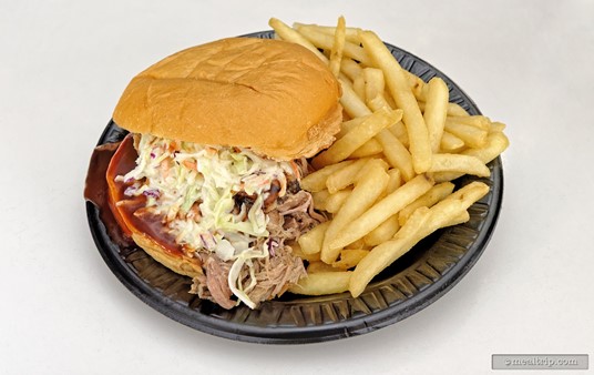A barbeque pork sandwich with fries from the Zagora Cafe.