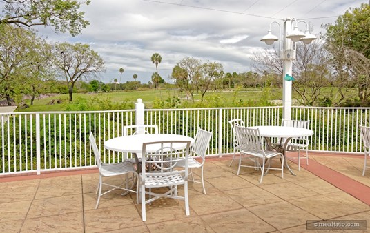 There is an outdoor patio dining area that wraps around much of the building. Pictured here, are a few of those patio tables that overlook the Serengeti area of the park.