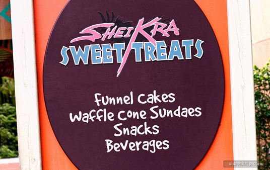 Walkway-side sign for the SheiKra Sweet Treats location at Busch Gardens Tampa.