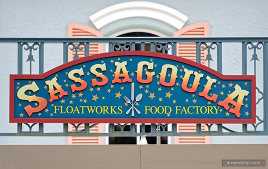 Exterior signs mark the Sassagoula Floatworks restaurant at Disney's Port Orleans French Quarter resort.