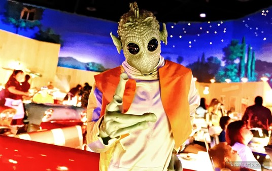 Greedo works the room at the Hollywood Studio's Star Wars Dine-In Galactic Breakfast. Greedo lived in Mos Espa alongside Anakin Skywalker. He was, sadly, shot by Hans Solo in the Mos Eisley Cantina.