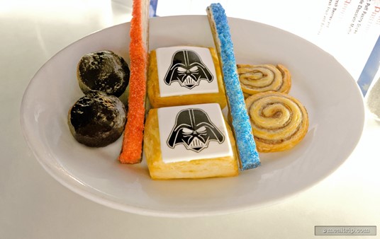 The full Star Wars Breakfast Pastries plate from the Galactic Dine-In Breakfast. Each "car row booth seat" received one of these plates, no matter if there were one or two guests sitting there. If you didn't want to "share" yours with your dining companion, just ask for another plate... they will be more than happy to bring another.