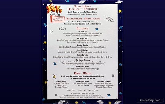 A 2015 menu from the Star Wars Dine-In Breakfast at Hollywood Studios.