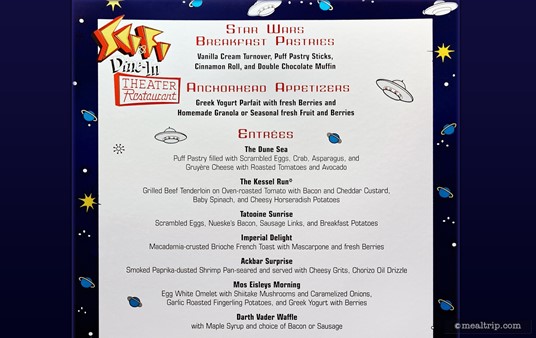 A 2015 menu from the Star Wars Dine-In Breakfast at Hollywood Studios zoomed in on the entrees.