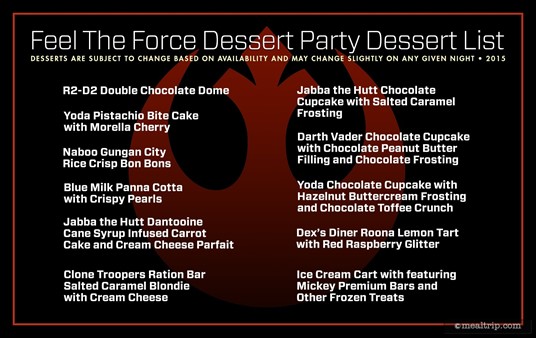 Some of the dessert items that you will find at the Feel the Force Dessert Party held during Star Wars Weekends. Some of the items may change based on availability, but the menu stays pretty close to this format.