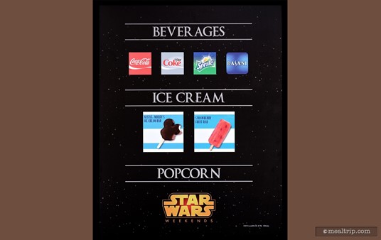 The menu board for the Star Wars - Feel the Force Premium Package, featuring soda, water, ice cream and juice bars, and popcorn.