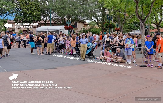 Premium Package guests without the need for wheelchair viewing have access to the west facing strip of the route, as this offers a good view of the stars getting out of the motorcade cars, and walking up on the stage area.