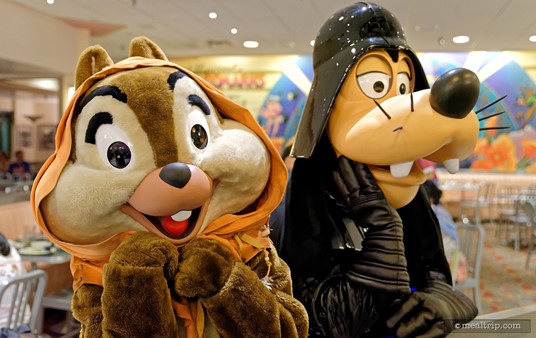 The best part about the characters at Jedi Mickey's Star Wars Dine at Hollywood and vine is that even though they're on opposite sides of the force... they are all still best buddies!