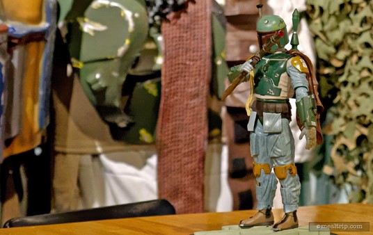 A close up of the Boba Fett model. There are similar character or vehicle models on each of the indoor tables in the Rebel Hangar.