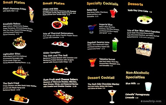 The menu from the Rebel Hangar - A Star Wars Lounge Experience.