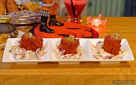The Trio of Thermal Detonators are poke wings with spicy piquillo pepper sauce and served with coleslaw.
