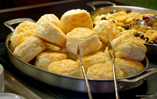 These are buttermilk biscuits. I didn't see any gravy around – which is a traditional breakfast topping for "biscuits and gravy"... but I could imagine pairing these with the Roast Beef Hash or the Creole Shrimp might be quite good.