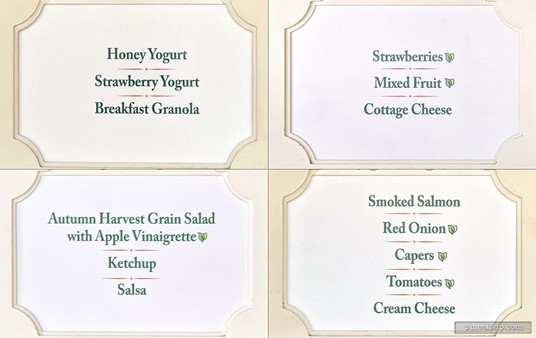 Here's a four-up sample of the buffet name plate signs that were above each item on the day I visited the Crystal Palace for breakfast.