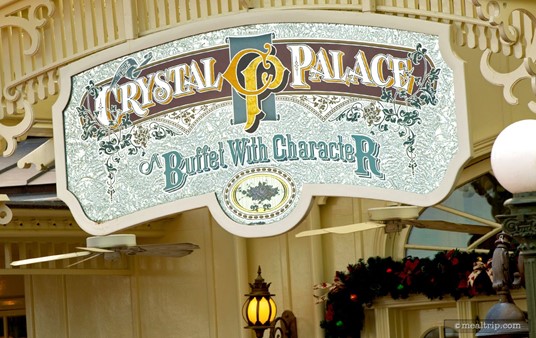 The Crystal Palace Buffet sign, hanging over the front entrance of the restaurant.