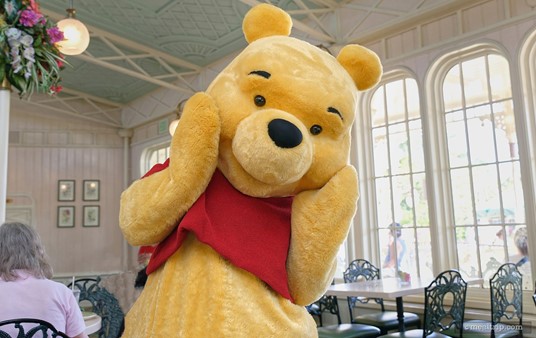 Each of the characters will visit every table at least once while you eat breakfast at the Crystal Palace. They also do a little parade around the dining area with "Friendship Day" music a couple times each hour.