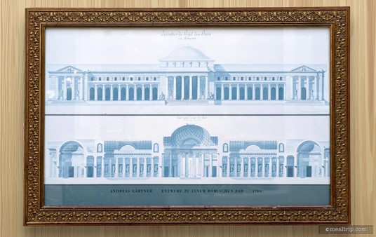This is one of the prints hanging on the walls around the center atrium at the Crystal Palace. These prints were collected to provide inspiration for the design and buildout of the location. This print reads "Design for a Roman Bath" in German, and is dated 1780.