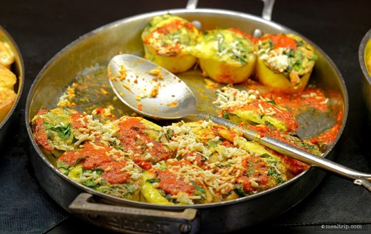 Here's the keep-warm buffet plate for the Mediterranean Frittatas. They combine egg with spinach, tomatoes, and feta cheese.